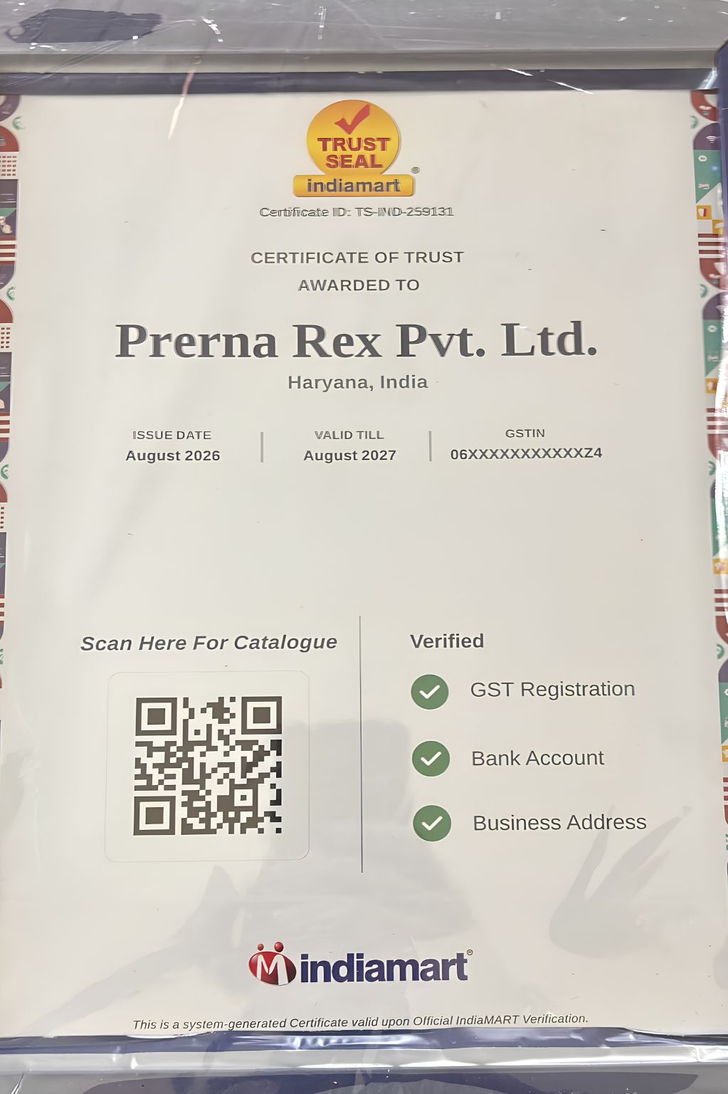 Prerna Rex Pvt. Ltd. IndiaMART Certificate of Trust